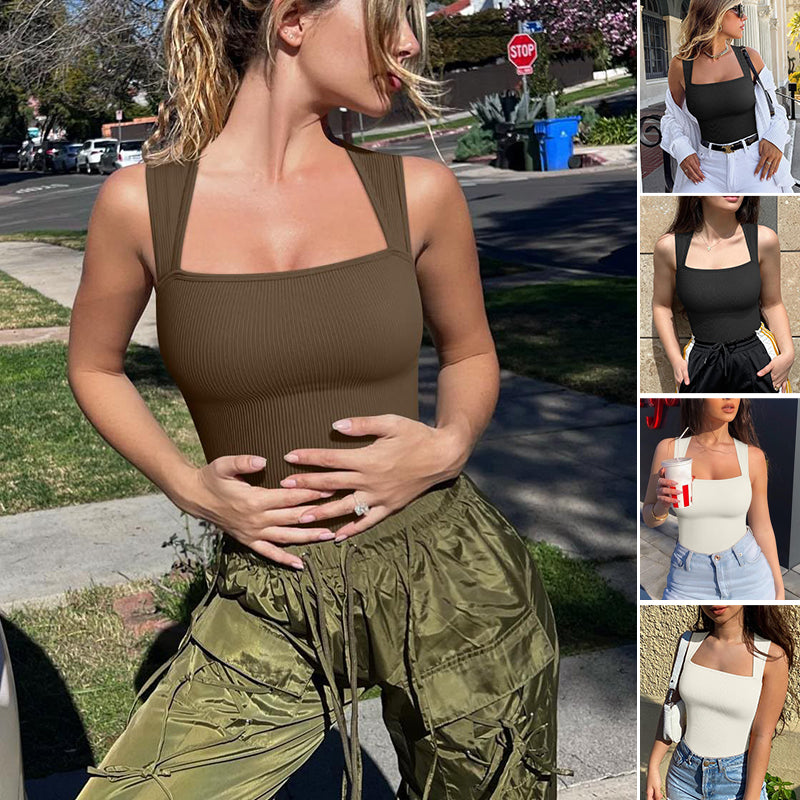 Sexy ribbete bodysuit med firkantet hals for kvinner
